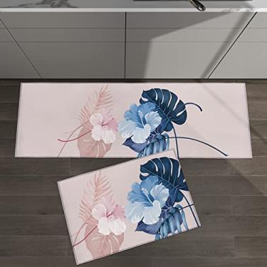 Imagem de Conjunto de 2 tapetes de cozinha arte abstrata folhas de flor de hibisco plantas tropicais rosa azul para tapetes acolchoados e tapetes antiderrapante absorvente corredor confortável tapete de pé