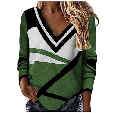 Imagem de SHOPESSA Moda de outono para mulheres 2023 gola V patchwork camisa color block blusas femininas modernas roupas para relaxar para mulheres, Roupas vintage populares verdes, XXG