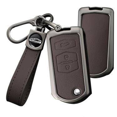 Imagem de HIBEYO Capa dobrável de couro com 3 botões para Mazda 2 3 5 6 8 Atenza CX5 CX-7 CX-9 MX-5 RX GH Demio acessórios com chaveiros Samrt Key Holder Cover-A chaveiro marrom