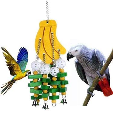 Imagem de Litewoo Brinquedo de mastigar papagaio de pássaro grande, colorido em forma de banana, brinquedo de madeira para pássaros e papagaios médios e grandes