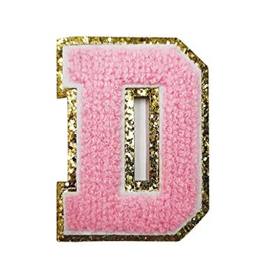 Imagem de Zogify Remendos de letras de ferro com glitter dourado e chenill rosa, 3 peças de adesivos para decoração de fantasia de equipe, 7,9 cm de altura D