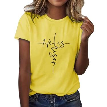 Imagem de Camisetas femininas de Páscoa de manga curta, coelho, coelho, Páscoa, gola redonda, casual, para sair, A02 - Amarelo, GG