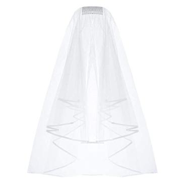 Imagem de Véu de noiva em cascata com borda dupla branca ZiYan com pente