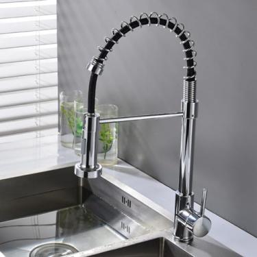 Imagem de Torneira de cozinha pull out stream pulverizador deck montado preto fosco torneira misturadora rotação de 360 graus pia da cozinha torneiras frias, cromo, mangueira preta