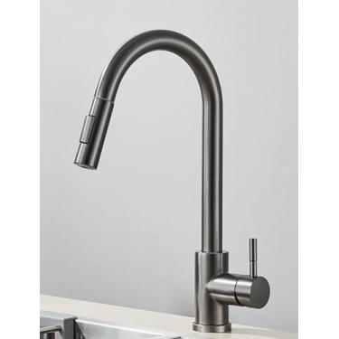 Imagem de Ouro escovado torneira da cozinha pull out pia da cozinha torneira de água único punho misturadora rotação 360 torneira do chuveiro da cozinha, tipo uma arma cinza