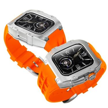 Imagem de Giecun Nova capa de metal resistente compatível com Apple Watch de 45 mm e 44 mm para iWatch séries 9, 8, 7 (45 mm), SE 6, 5, 4 (44 mm), capa protetora militar masculina de liga metálica com pulseira