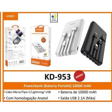 Imagem de Carregador Portátil 10000mah Power Bank Universal KAIDI, Branco, Peso 