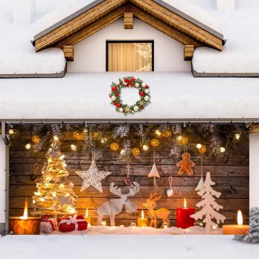 Imagem de Leowefowa Galhos de pinheiro de madeira rústica iluminando árvore de Natal rena decoração de porta de garagem banner 1,8 x 4 m Feliz Natal capa de porta de garagem com ilhós para Natal, férias