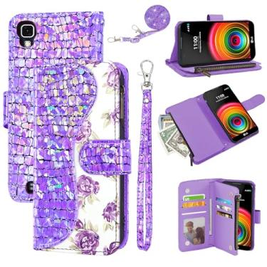Imagem de Dibosom Capa carteira floral para LG X Power com alça de pulso, alça de ombro flip com zíper, porta-cartão, suporte de couro PU de luxo com glitter brilhante para celular XPower 1 LS755 K450 roxo
