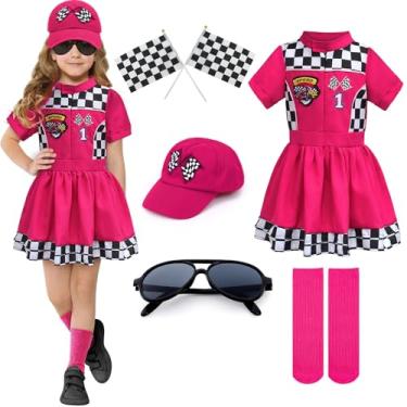 Imagem de G.C 8pcs Kids Girls Race Car Driver Costume Toddler Racing Suit Rose Red Racer Dress Costumes Accessories Car Cap Knee Socks Sunglasses Flags Halloween Dress up Clothes (XS(3-4T))