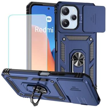 Imagem de Vokuha Capa para Redmi 12, Capa para Redmi Note 12R/Poco M6 Pro com protetor de tela de vidro temperado e capa de câmera deslizante, capa magnética com suporte de anel giratório de 360° para Xiaomi