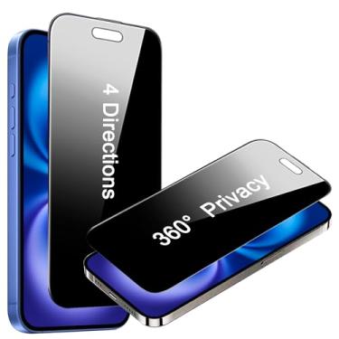 Imagem de SOOPUR Pacote com 2 protetores de tela de privacidade de 360 graus de 4 vias para iPhone 16 Plus/iPhone 15 Plus de 6,7 polegadas, 4 direções horizontais e verticais, película de vidro temperado