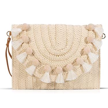 Imagem de QTKJ Bolsa transversal de palha para mulheres, bolsas de mão, bolsas de mão de tecido boêmio, bolsa de praia de verão com borlas, carteira envelope (branca), Branco