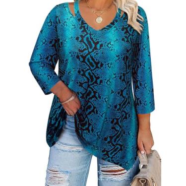 Imagem de Amrto Blusas femininas plus size recortadas com gola V e manga 3/4, túnica casual elegante para usar com leggings, Pele de cobra verde, 3G