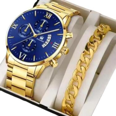 Imagem de Relógio Masculino Dourado Luxo Alfa + Pulseira de Metal - Shaarms