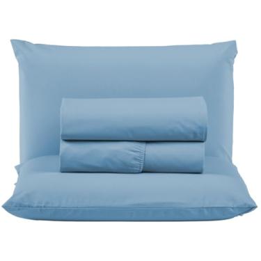 Imagem de Jogo Cama Box Super King Size Algodão Percal 200 Fios Hotel Pousada 4 Peças Lençol com Elástico (Azul Piscina)