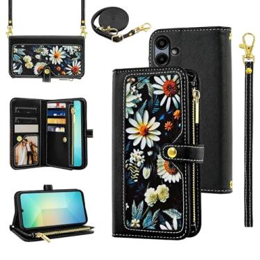 Imagem de Furiet Capa carteira floral para Samsung Galaxy A06 com alça de pulso alça de ombro flip bolsa com zíper, suporte de cartão de crédito de couro PU de luxo acessórios para celular Ao6 A 06 feminino