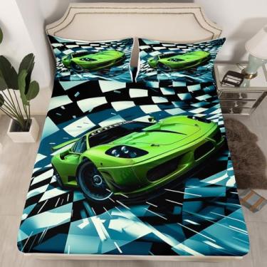 Imagem de Feelyou Jogo de lençol solteiro de carro de corrida, ultramacio, esportes radicais, para decoração de quarto de crianças, meninos, meninas, lençol com elástico