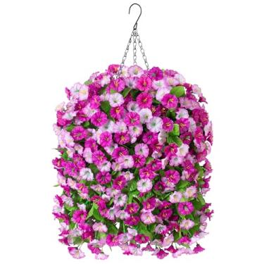 Imagem de Ammyoo Cesta de flores artificiais falsas para decoração de primavera, flor de seda sintética para o verão, floral artificial ao ar livre para varanda e quintal (lótus duplo)
