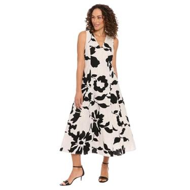 Imagem de bestmobilephonecases Vestido de verão feminino de linho rayon estampa floral midi gola V sem mangas evasê, Branco macio/preto, GG