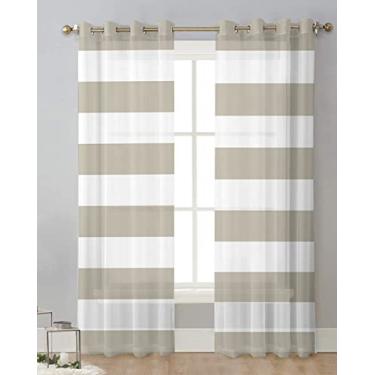 Imagem de Cortinas transparentes com listras bege 153 cm de comprimento, conjunto de 2 painéis, cortinas semitransparentes de textura branca bege simples com filtro de luz, cortinas de janela para sala de