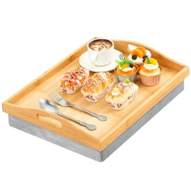 Imagem de Tioncy 1 bandeja de colo de bambu com almofada removível 42 x 33 cm, mesa com alças para adultos comendo na poltrona reclinável, presente de inauguração de casa (madeira)