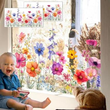Imagem de 2 peças de adesivos de janela de buquê floral colorido, adesivos de flores de primavera, adesivos de janela de jardim, adesivos de flores para janelas de vidro, cortado no tamanho livre para decoração