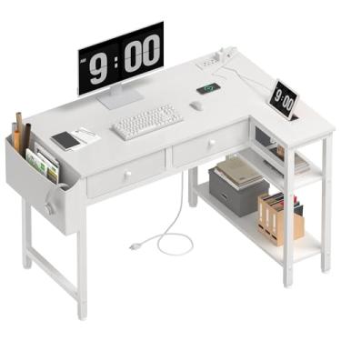 Imagem de DLisiting Mesa branca pequena em forma de L com gavetas e prateleiras de armazenamento, mesa de canto de 101 cm com tomada elétrica para pequenos espaços, escritório em casa, escritório, escritório