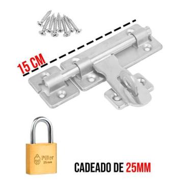 Imagem de Ferrolho com Porta Cadeado + Parafusos + Cadeado Vários Tamanhos Peque