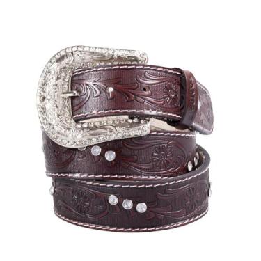 Imagem de Cinto Country Feminino Em Couro Floral Fivela Strass Removivel - Pampa