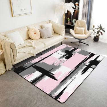Imagem de Feelyou Tapete de arte abstrata para ambientes internos para crianças, meninos, meninas, 12 x 18 cm, aquarela, tapete ultra macio, rosa, cinza, preto, destaque, listrado, linha artística, tapete