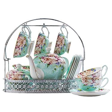 Imagem de AKALNNB Conjunto de 15 peças de chá de porcelana com bule de chá, conjunto de 6 xícaras de café e pires com suporte de metal, serviço de chá de cerâmica para mulheres e adultos