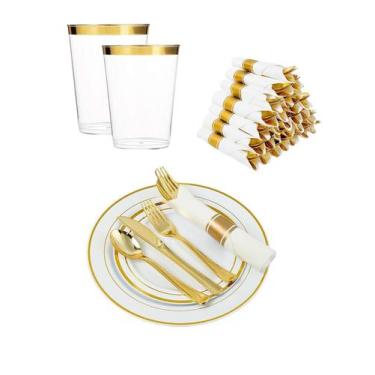 Imagem de Kit Copo Prato Talher Descartável Luxo 30 Convidados - Gold - Udlandia