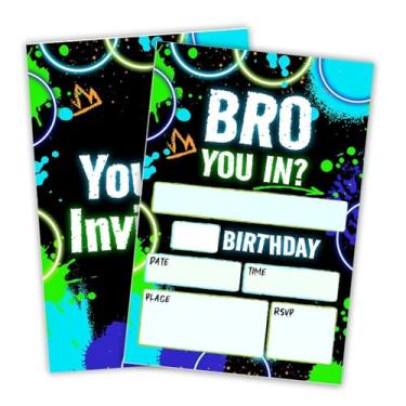 Imagem de JCVUK Cartão de convite de festa de aniversário neon - Bro You In? - Cartão de convite de aquarela de preenchimento dupla face 4 x 6 com 20 envelopes para meninos - Lembranças e suprimentos de festa
