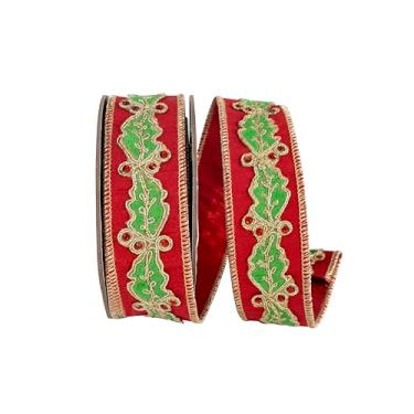 Imagem de Reliant Ribbon Folha de azevinho bordado de joia Dupioni Lame Backed fita de borda com fio, vermelho/verde
