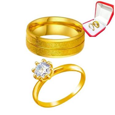 Imagem de Aliança Noivado Banhada Ouro 18k 6mm Brilhante Com Risco + Solitario 2