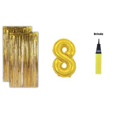 Imagem de Kit 2 Cortinas Metalizadas Balão Número+Bomba de Ar-Dourado - Partiufe