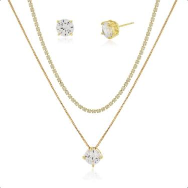 Imagem de Kit Feminino Banhado Ouro 18k com Choker, Colar com Pingente e Brincos Ponto de Luz Cristal