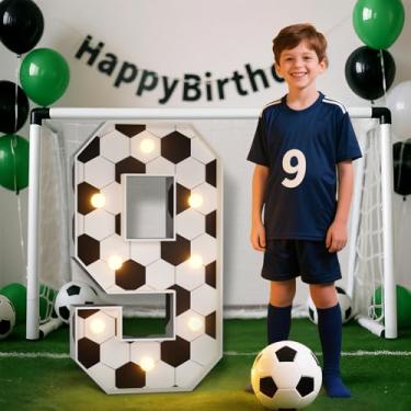 Imagem de Decorações de festa de 9 anos de futebol, letreiro número 9 para decorações de festa temática de futebol, números iluminados 9 para decoração de pano de fundo de 9º aniversário, lembrancinhas