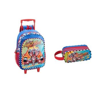 Imagem de Kit Mochila Escolar Carrinho Rodinha Carro De Corrida Stock Car + Estojo