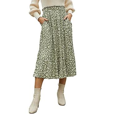 Imagem de EXLURA Saia plissada feminina de cintura alta com bolinhas e bolsos, Oncinha, verde, G