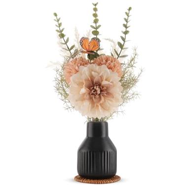 Imagem de Pequenas flores falsas em vaso, decoração de mesa de centro de mesa de 35,5 cm, arranjos de flores de seda, vaso de cerâmica, dália, crisântemo, buquê de flores artificiais para banheiro, sala de