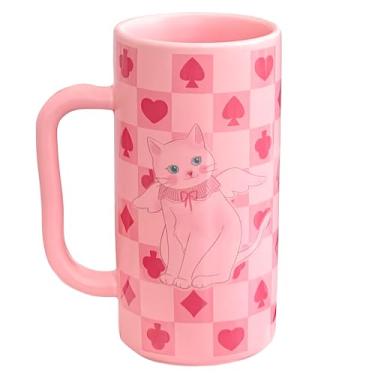 Imagem de Caneca de café rosa de 400 ml de altura para gatos com alça grande, canecas de porcelana engraçadas fofas para chá, latte, chocolate quente - presente de aniversário para amantes de gatos para