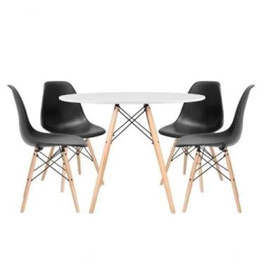 Imagem de Mesa de Jantar Redonda Eiffel 90cm com 4 Cadeiras Charles Eames, Design Moderno, Base em Madeira, para Cozinha e Sala de Jantar (Mesa Branca/Cadeiras Pretas)