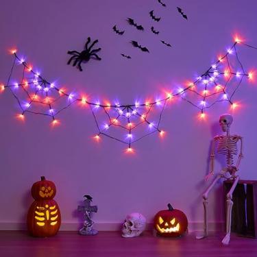Imagem de 8 modos de luzes de teia de aranha de Halloween alimentadas por bateria/USB com temporizador, 60 LEDs laranja e roxo com aranha preta para decoração de Halloween interna e externa (laranja e roxo