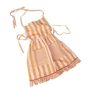 Imagem de Creative Co-Op Avental listrado de algodão com babados, bolsos e acabamento Ric Rac, mostarda e rosa