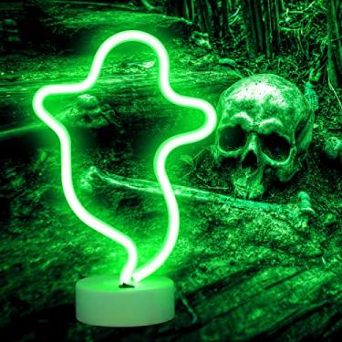 Imagem de Luzes neon fantasmas decorações de Halloween, sinais de néon assustadores, luzes noturnas operadas por pilha/USB para decoração gótica, festa de parede de Natal - fantasma com base de suporte (verde)