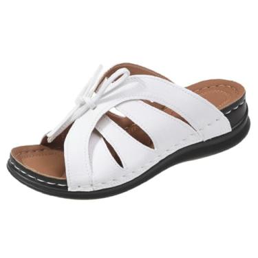 Imagem de Sandália plataforma feminina moderna com laço elegante, bico aberto, suporte de arco confortável, chinelos de caminhada na praia, Branco, 38