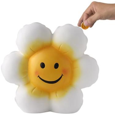Imagem de SOBEIT Cofrinho de flor sorridente de 20 cm, cofrinho fofo de girassol, cofrinho de cerâmica com girassol para crianças, meninas, meninos, chá de bebê, lembrança de recém-nascido, presente de berçário