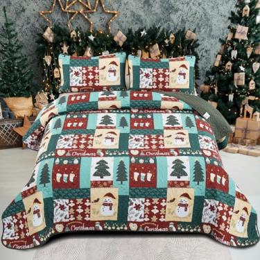 Imagem de Conjunto de colcha de Natal Queen, conjunto de colcha de árvore de Natal verde patchwork, 3 peças, colcha leve de microfibra macia com 2 fronhas para crianças, adolescentes e adultos, tamanho Queen